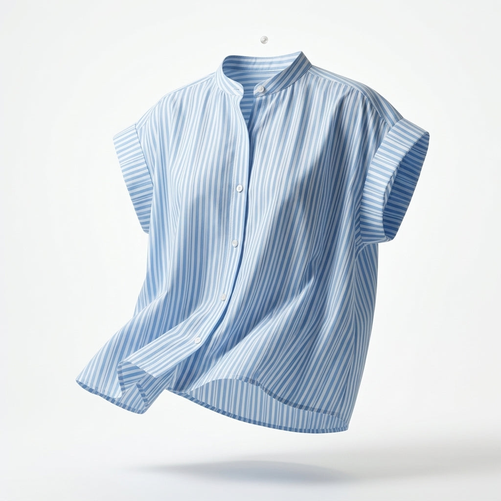 Women Striped Cap Sleeve Button Front Blouse