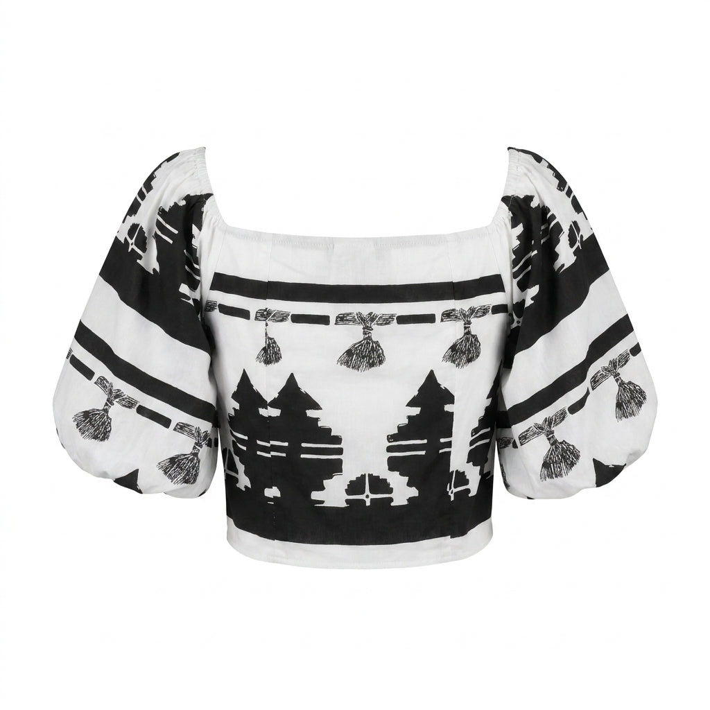 Women Printed Puff Sleeve Crop Blouse