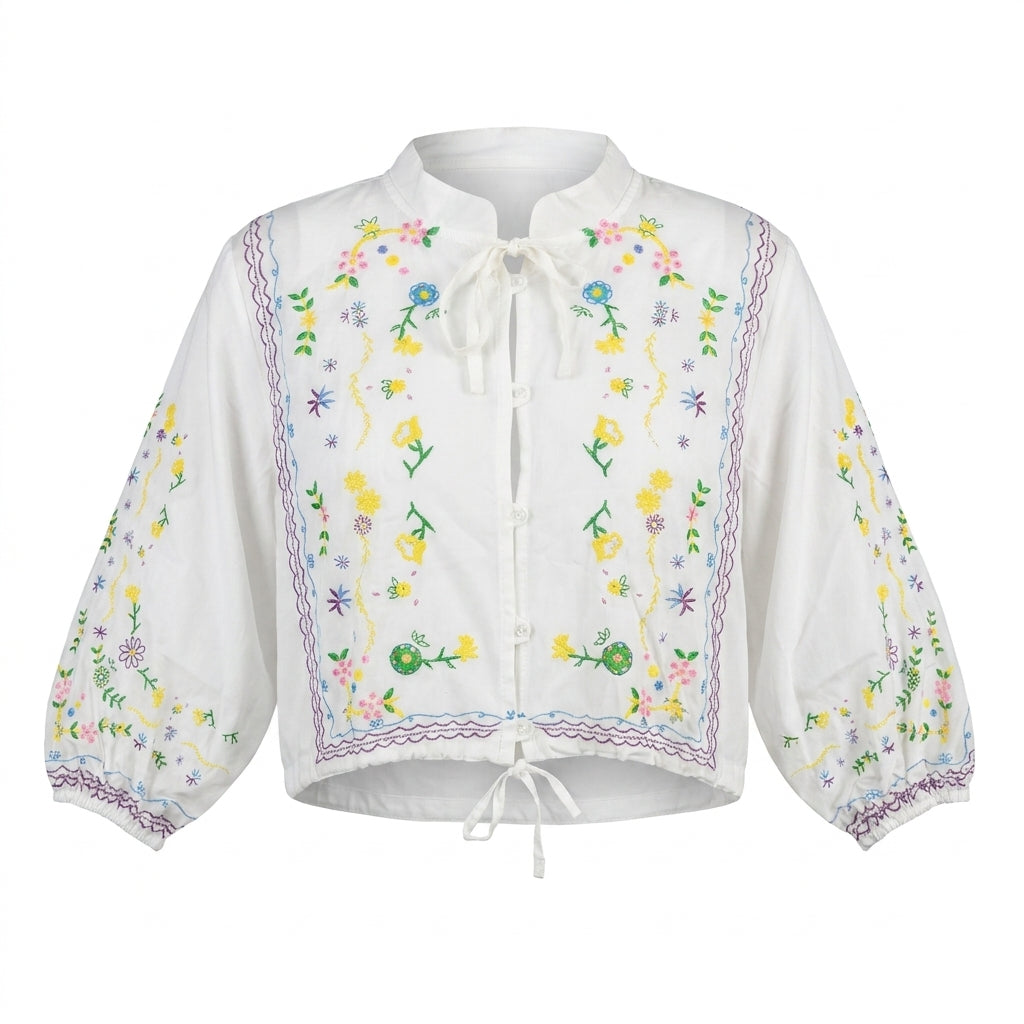 Girls Embroidered Tie Front Blouse