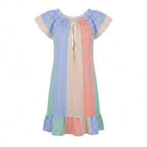 Women Striped Midi Dress With Ruffle Sleeves