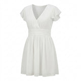 Casual V Neck Puff Sleeve Mini Dress