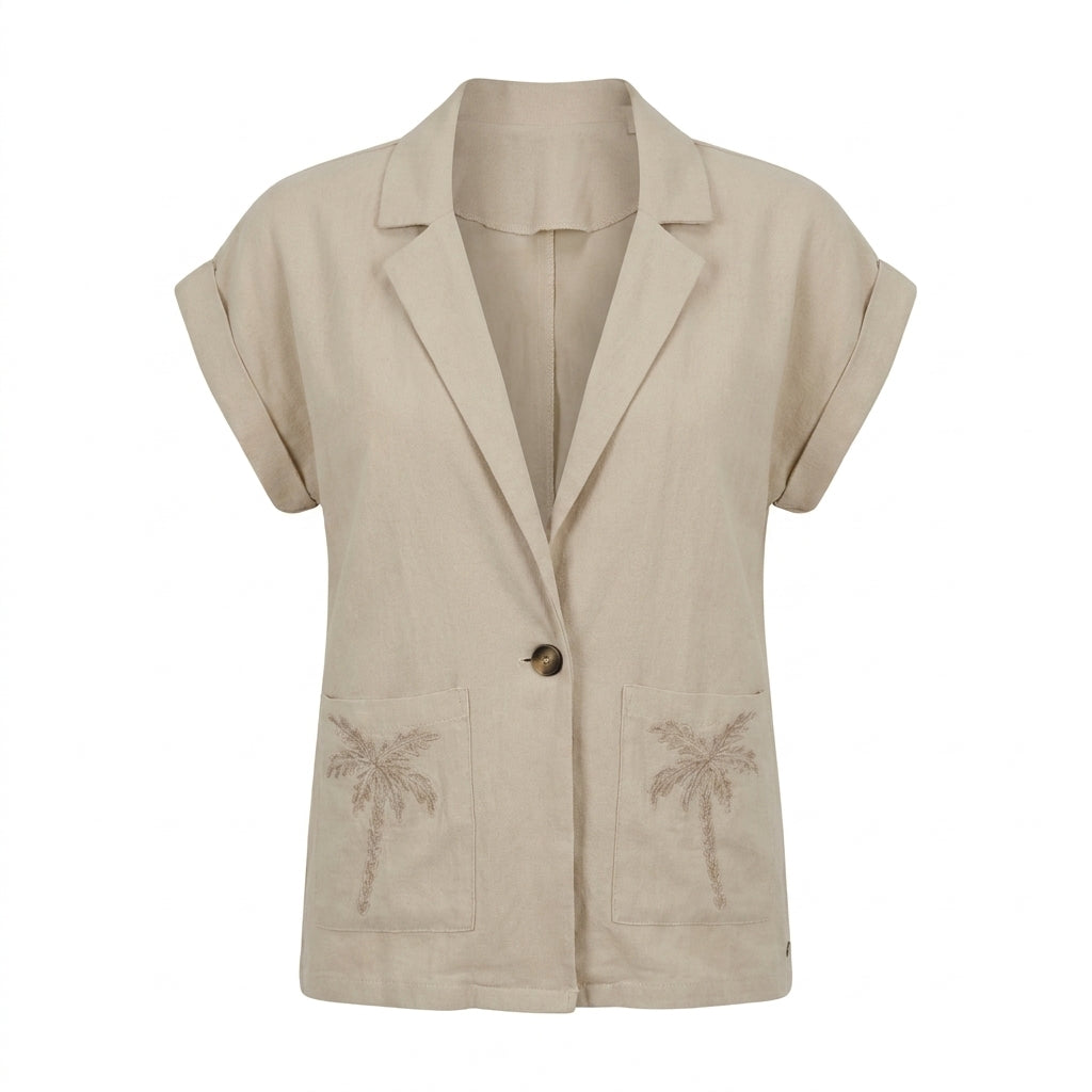 Women Short Sleeve Button Front Blouse With Embroidered Pockets