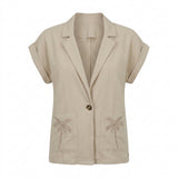 Women Short Sleeve Button Front Blouse With Embroidered Pockets