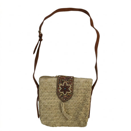 Woven Straw Crossbody Bag With Beaded Floral Flap