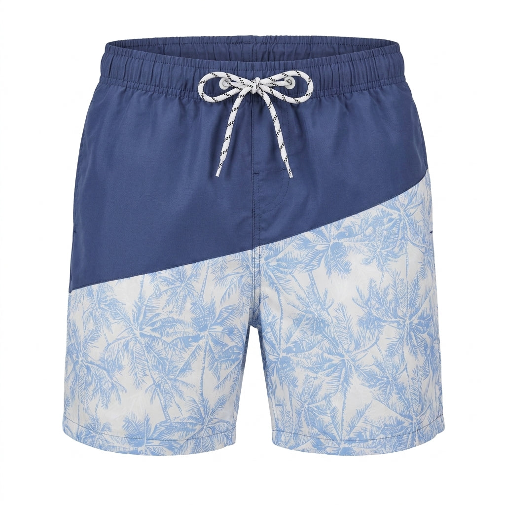 Men Palm Print Color Block Swim Shorts