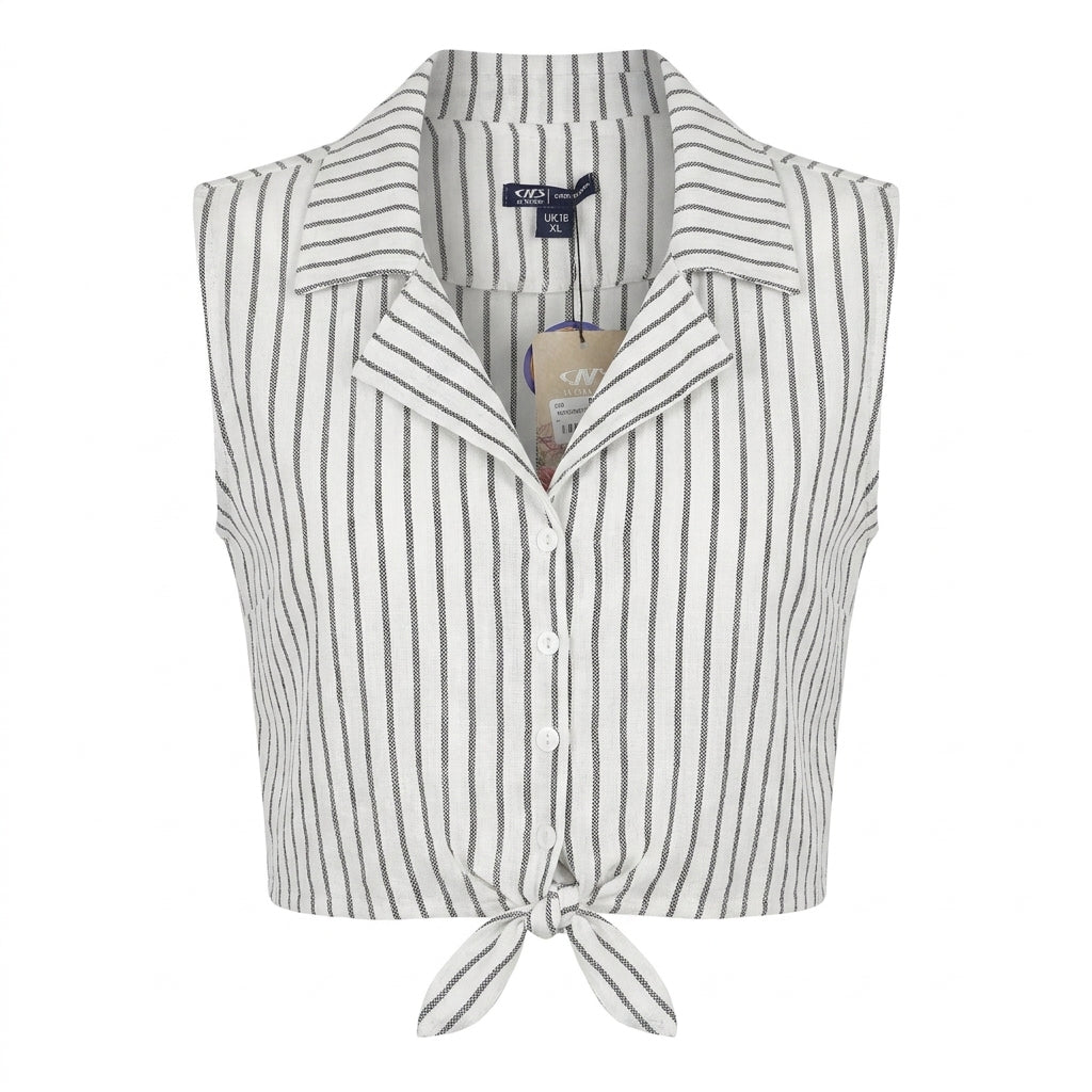 Women Striped Sleeveless Tie Front Blouse