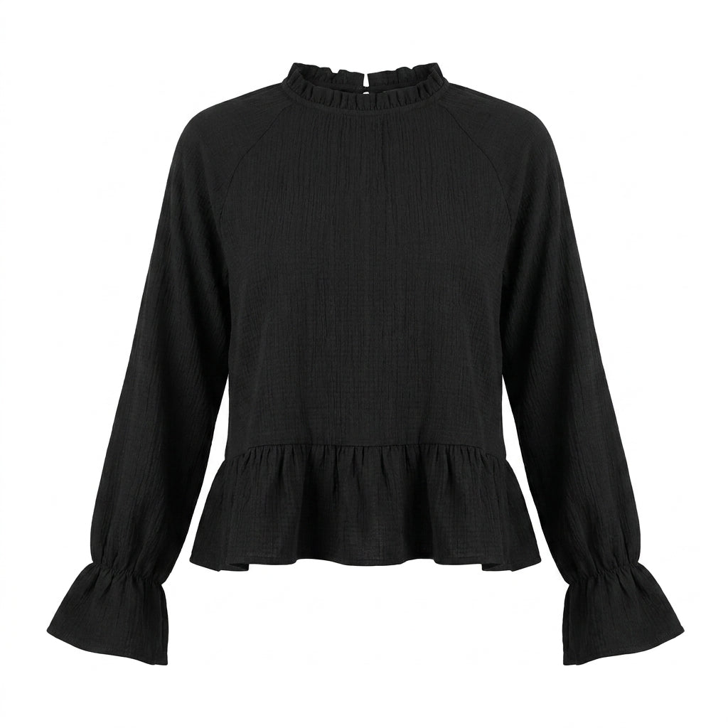 Women Ruffle Hem Long Sleeve Blouse