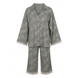Women Floral Print Lace Trim Pajama Set