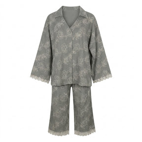 Women Floral Print Lace Trim Pajama Set