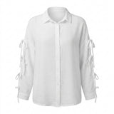 Women Tie Sleeve Button Front Blouse