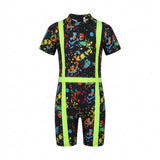 Kids Neon Splash Print Short Sleeve Swimsuit