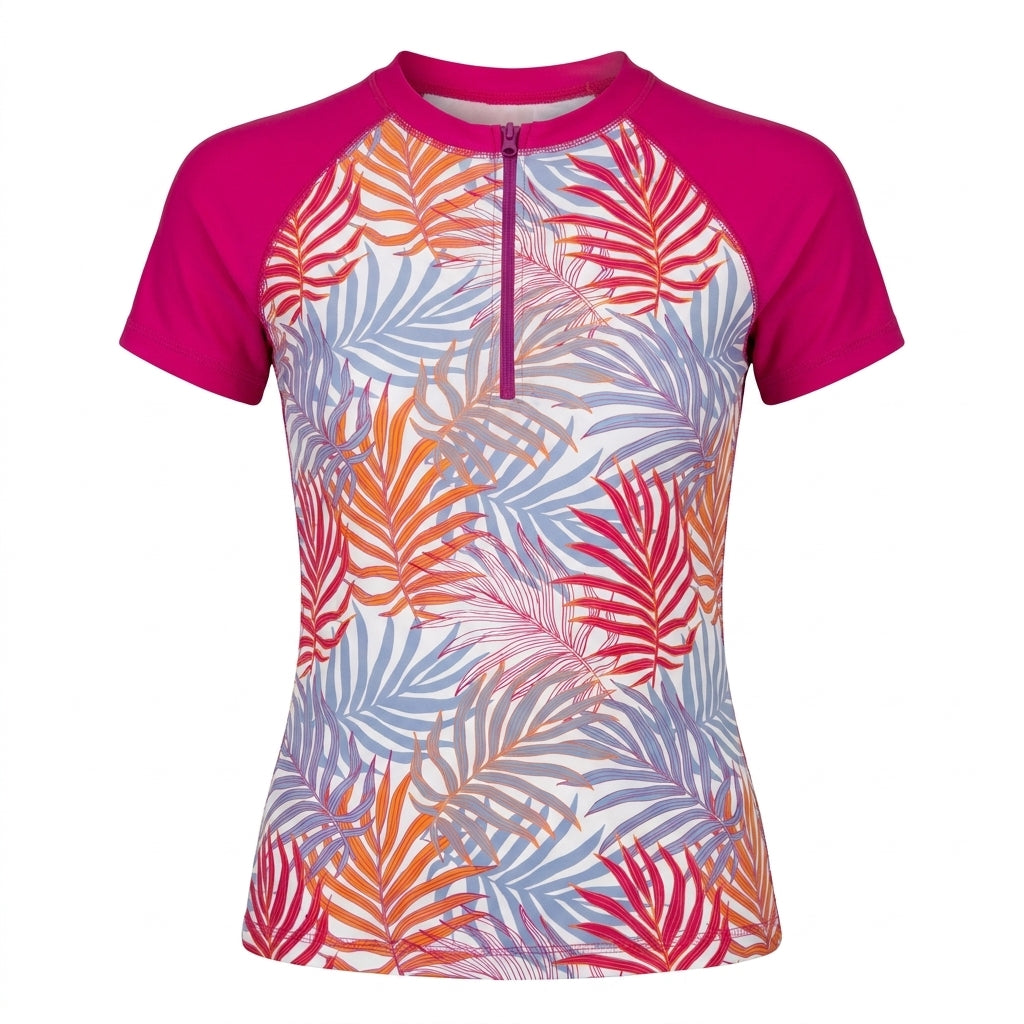 Girls Tropical Leaf Print Short Sleeve Rash Guard