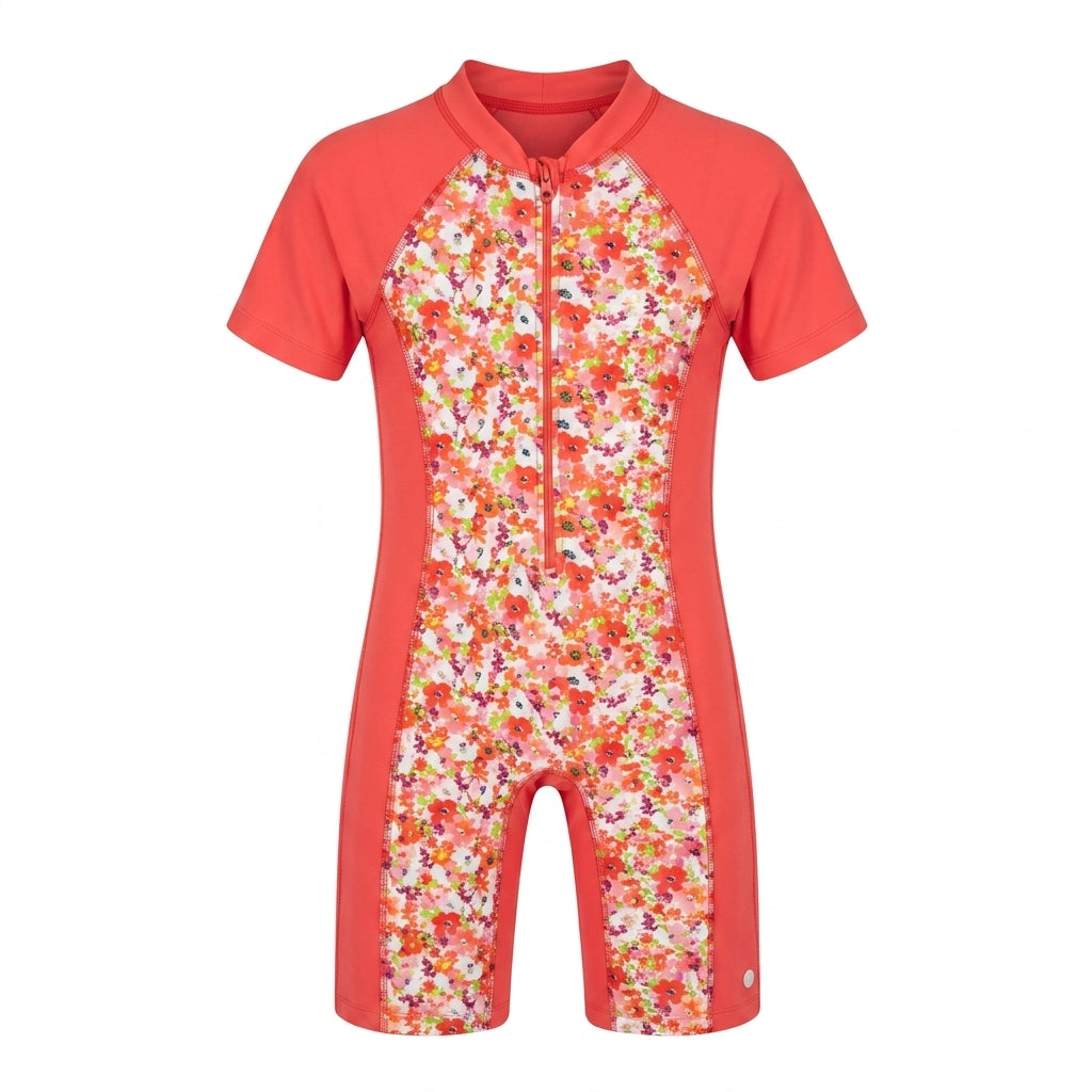 Girls Floral Print Short Sleeve Swimsuit