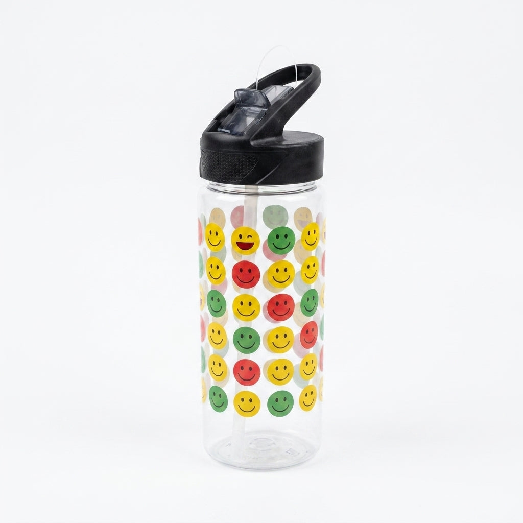 Emoji Print Plastic Water Bottle With Straw