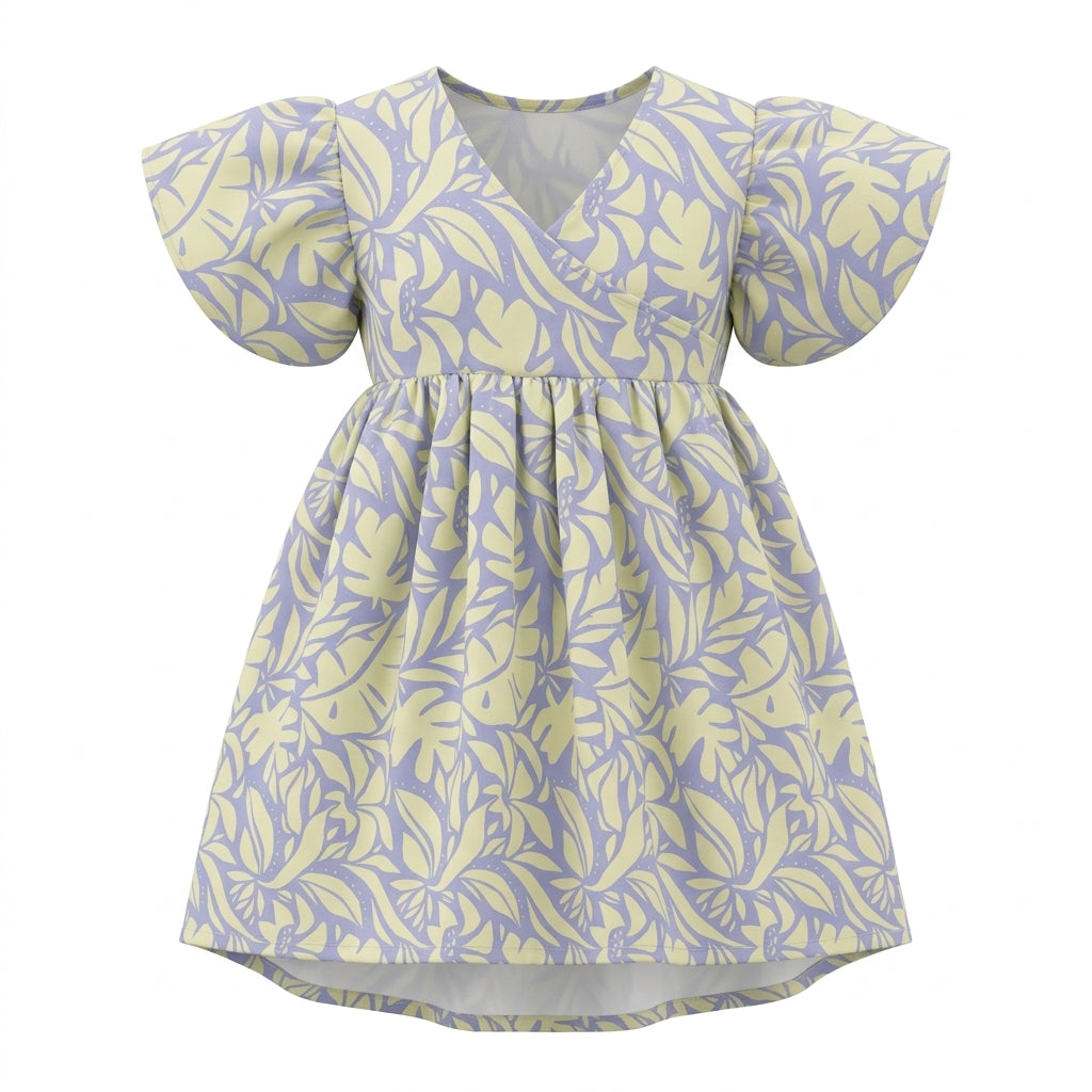 Girls Tropical Leaf Print Dress With Ruffle Sleeves
