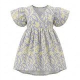 Girls Tropical Leaf Print Dress With Ruffle Sleeves