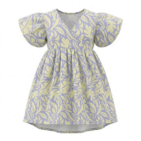 Girls Tropical Leaf Print Dress With Ruffle Sleeves