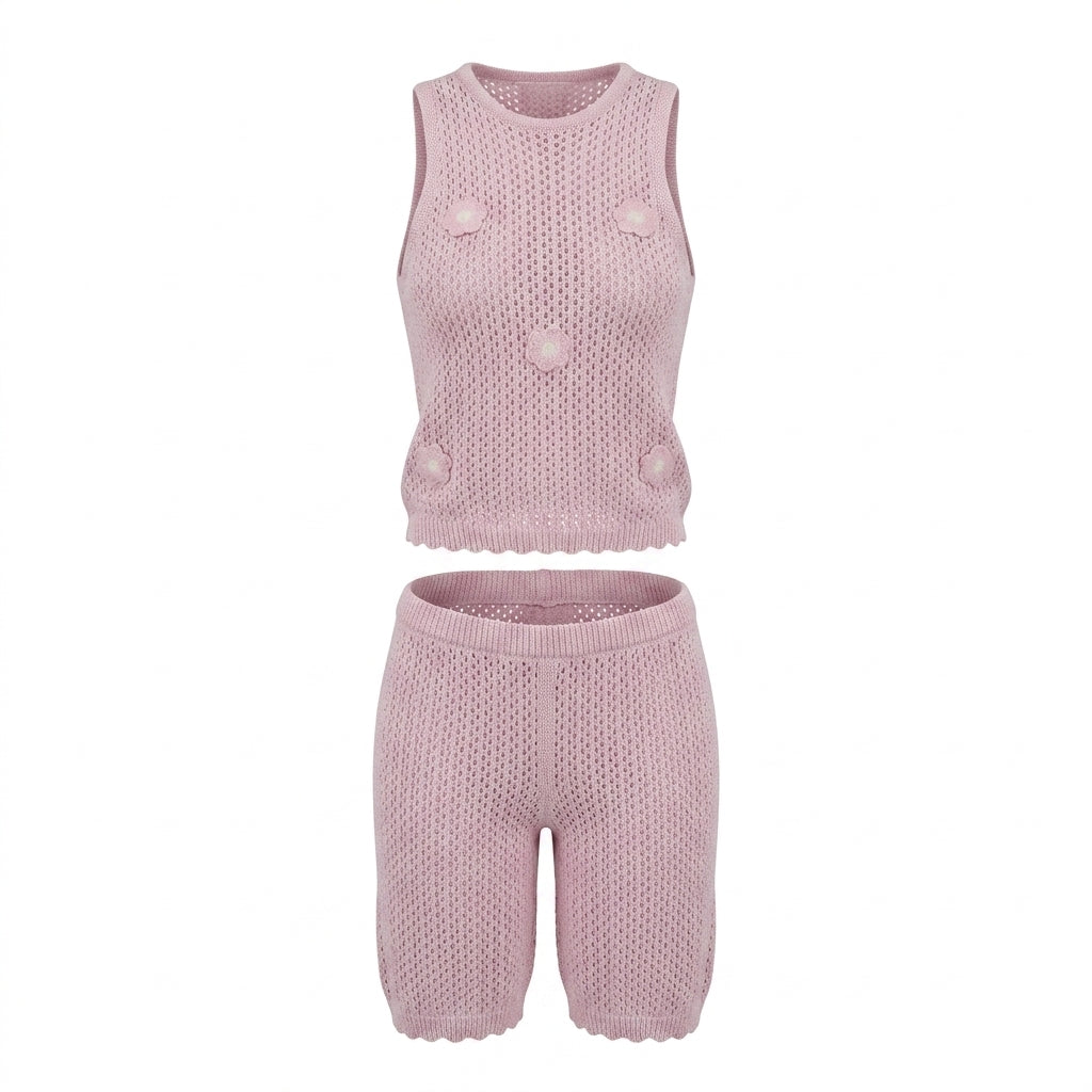 Girls Knitted Sleeveless Top And Pants Set With Floral Appliqués