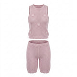 Girls Knitted Sleeveless Top And Pants Set With Floral Appliqués