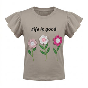 Girls Short Sleeve Graphic T Shirt With 3D Floral Appliqués