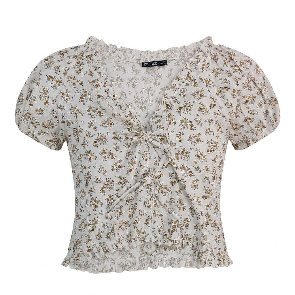 Floral Tie Front Blouse With Puff Sleeves
