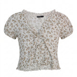 Floral Tie Front Blouse With Puff Sleeves