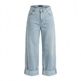Women Wide Leg Cropped Denim Jeans With Turn Up Hem
