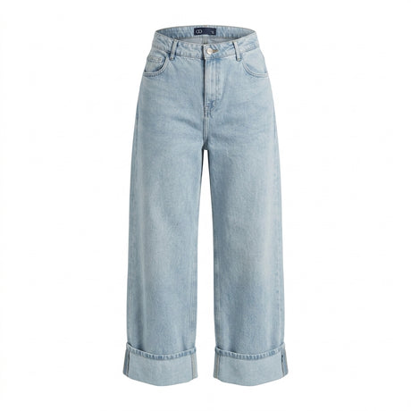 Women Wide Leg Cropped Denim Jeans With Turn Up Hem