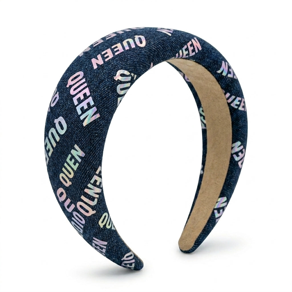 Women Denim Padded Headband With Queen Text Print