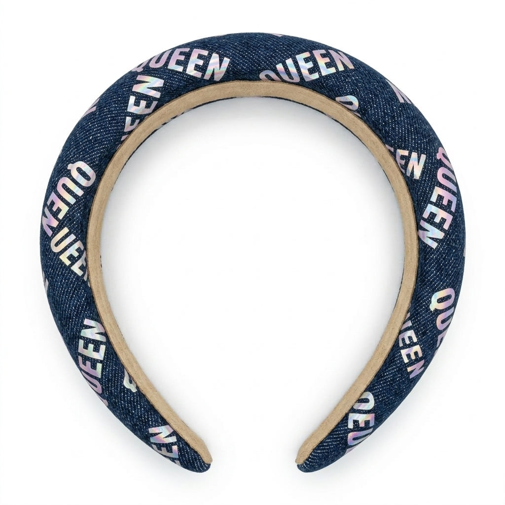 Women Denim Padded Headband With Queen Text Print