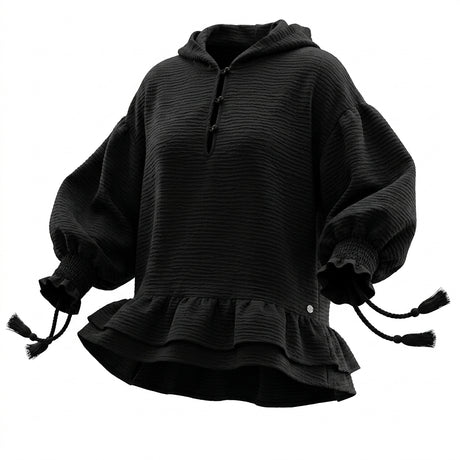 Casual Textured Long Sleeve Blouse With Lace Trim