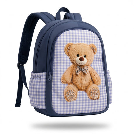 Gingham Kids Backpack With Plush Teddy Bear Applique