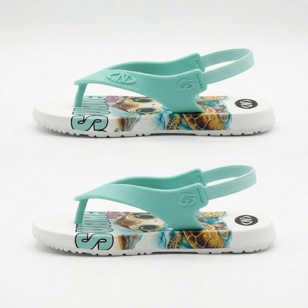Girls Mint Sea Turtle Print Flip Flop Sandals With Back Strap