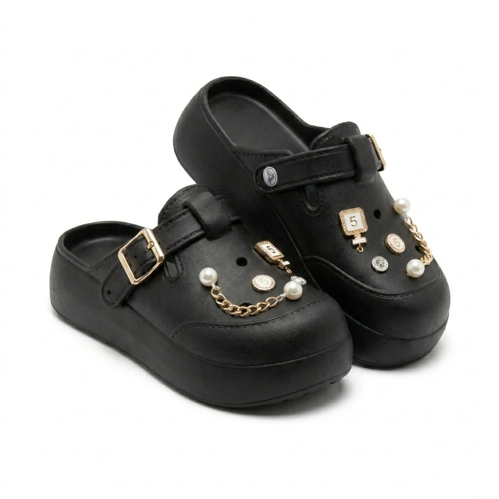 Girls Pearl And Chain Charm Clog Sandals With Buckle Strap