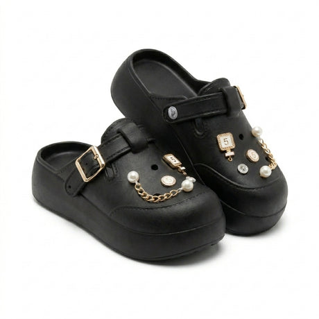 Girls Pearl And Chain Charm Clog Sandals With Buckle Strap