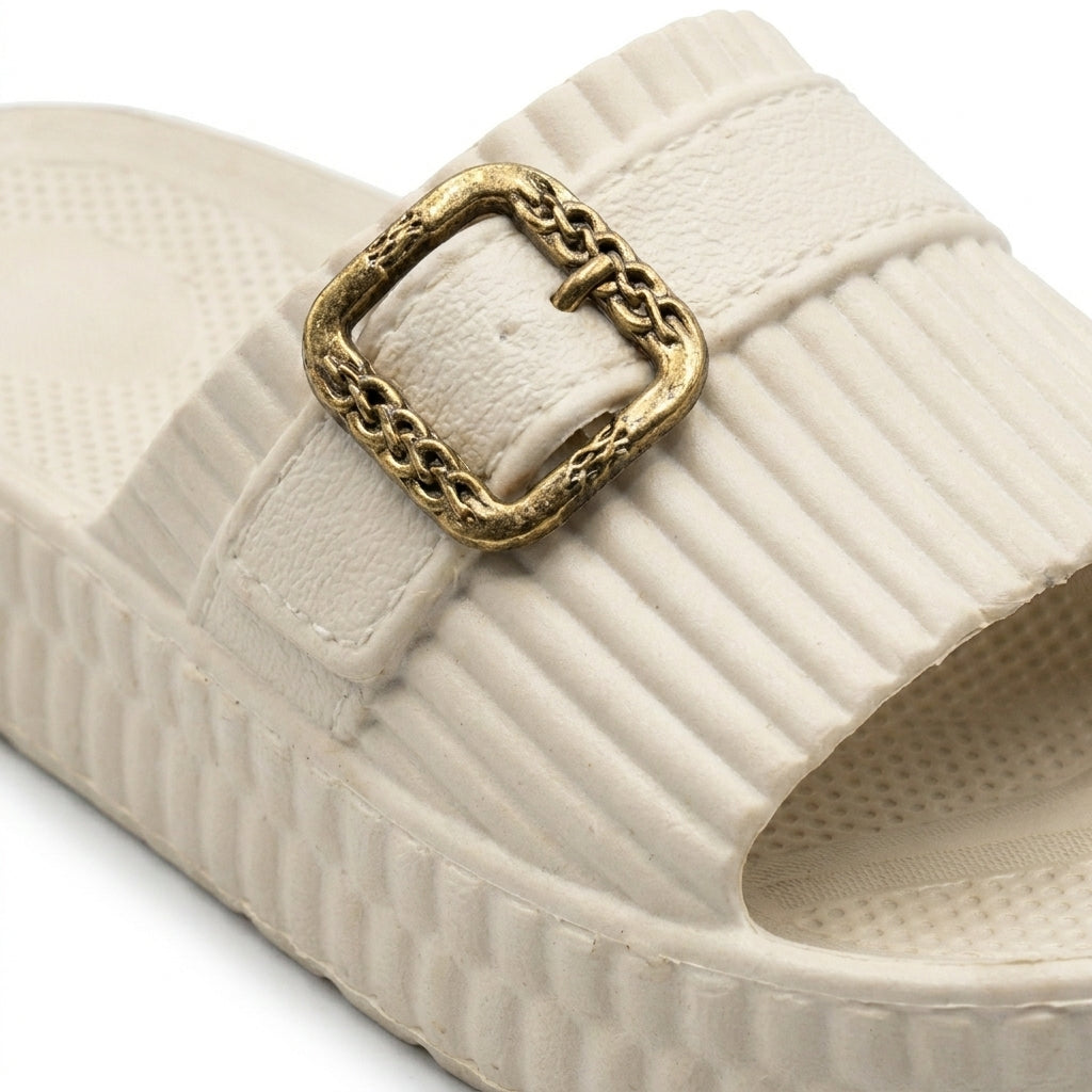 Women Ribbed Buckle Slide Slipper