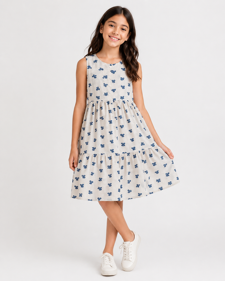 Kids Sleeveless Tiered Dress With Floral Print
