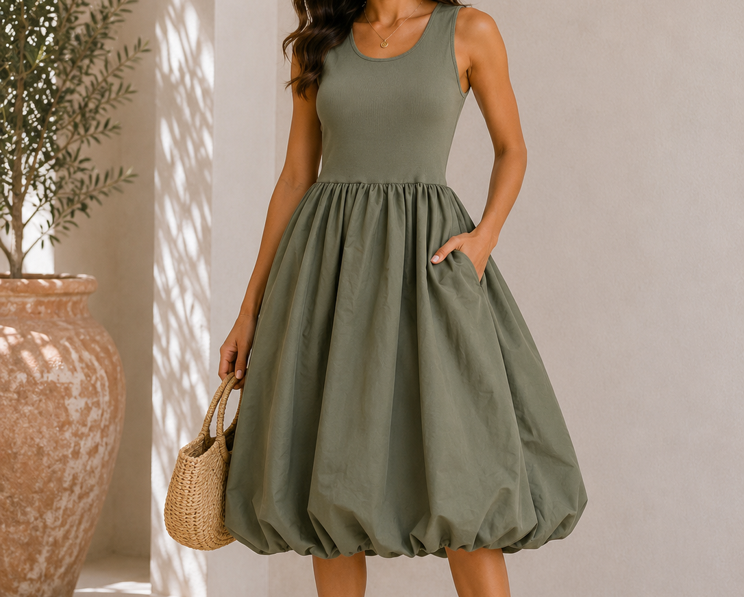 Girls Sleeveless Ribbed Bubble Dress