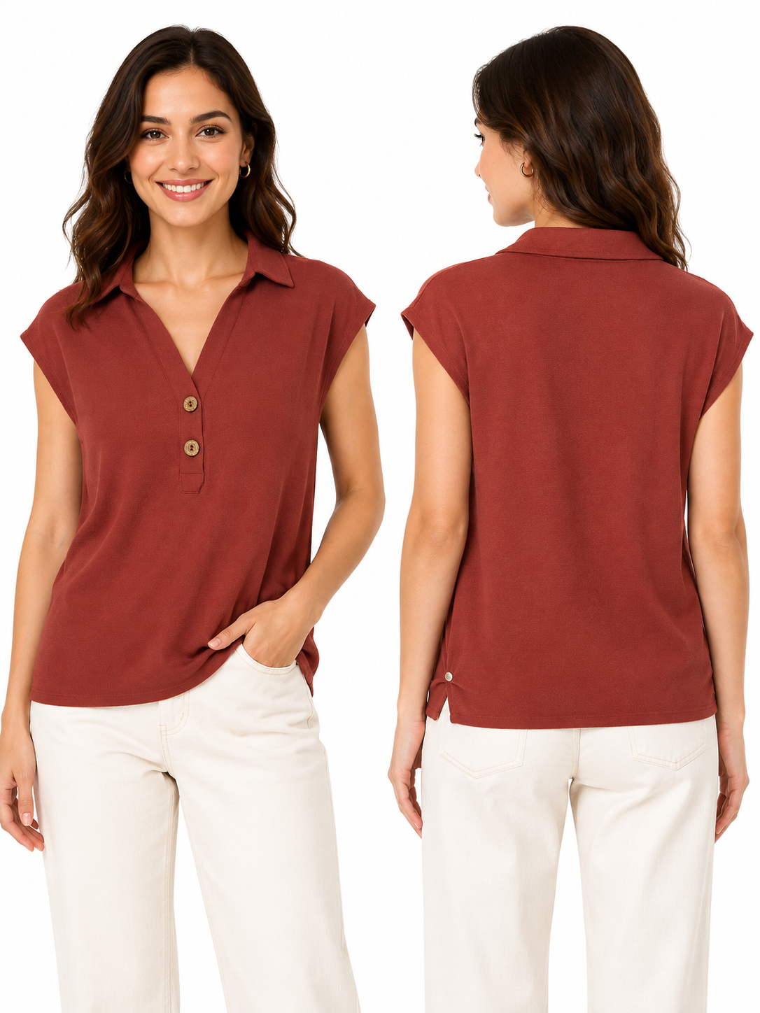 Sleeveless Collared Top With Button Placket