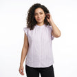 Women Striped Cap Sleeve Button Front Blouse
