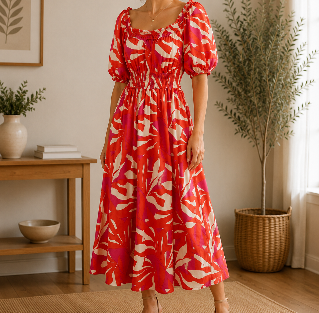 Women Abstract Print Smocked Midi Dress