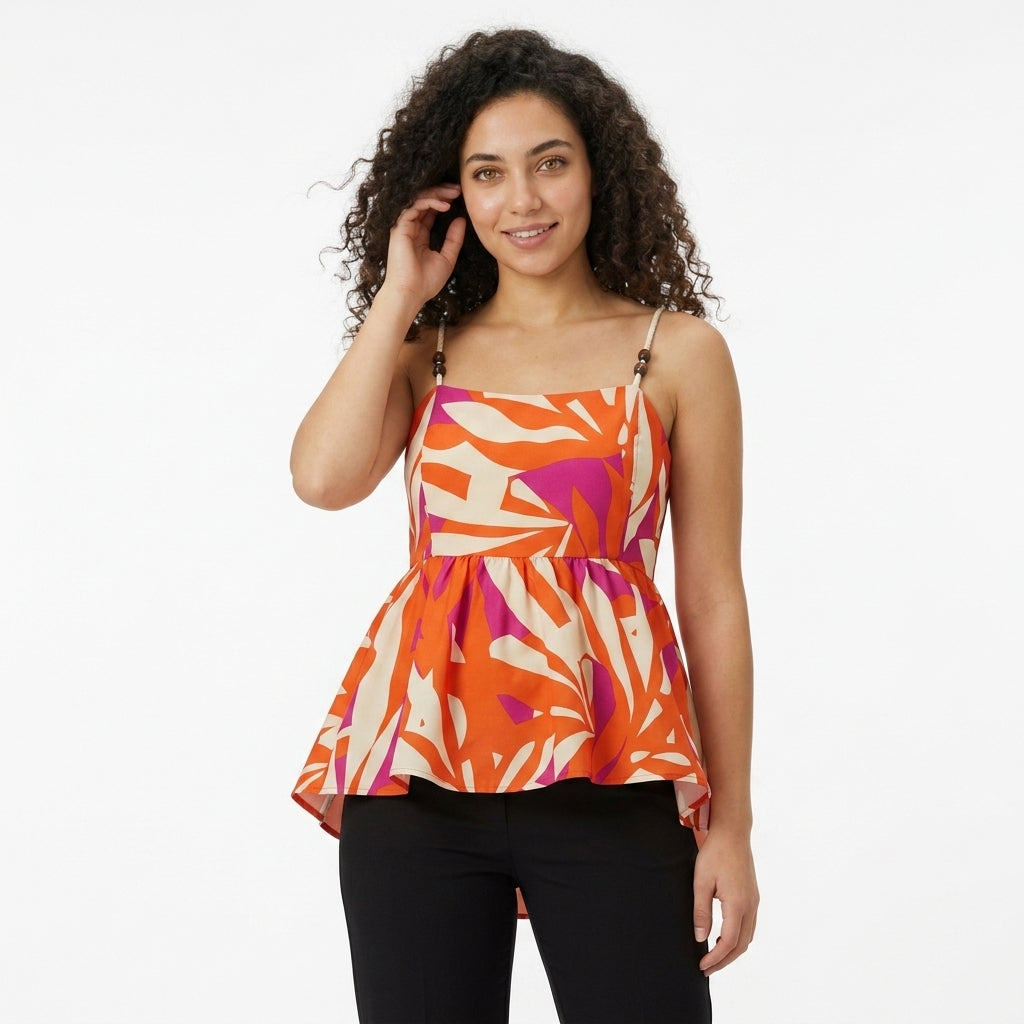 Women Abstract Print Braided Strap Peplum Top