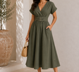 V Neck Midi Dress With Buckle Waist