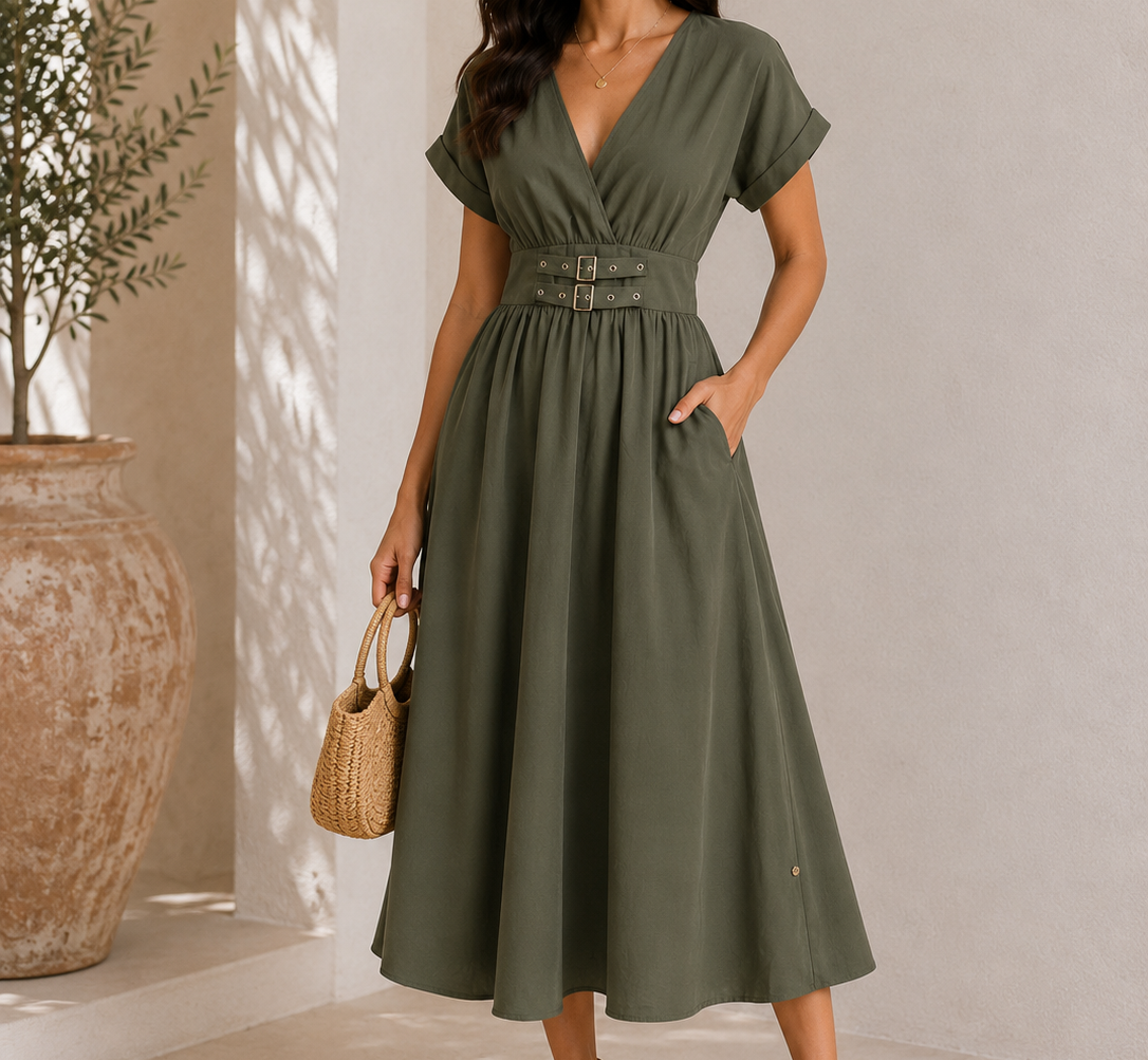 V Neck Midi Dress With Buckle Waist