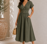 V Neck Midi Dress With Buckle Waist