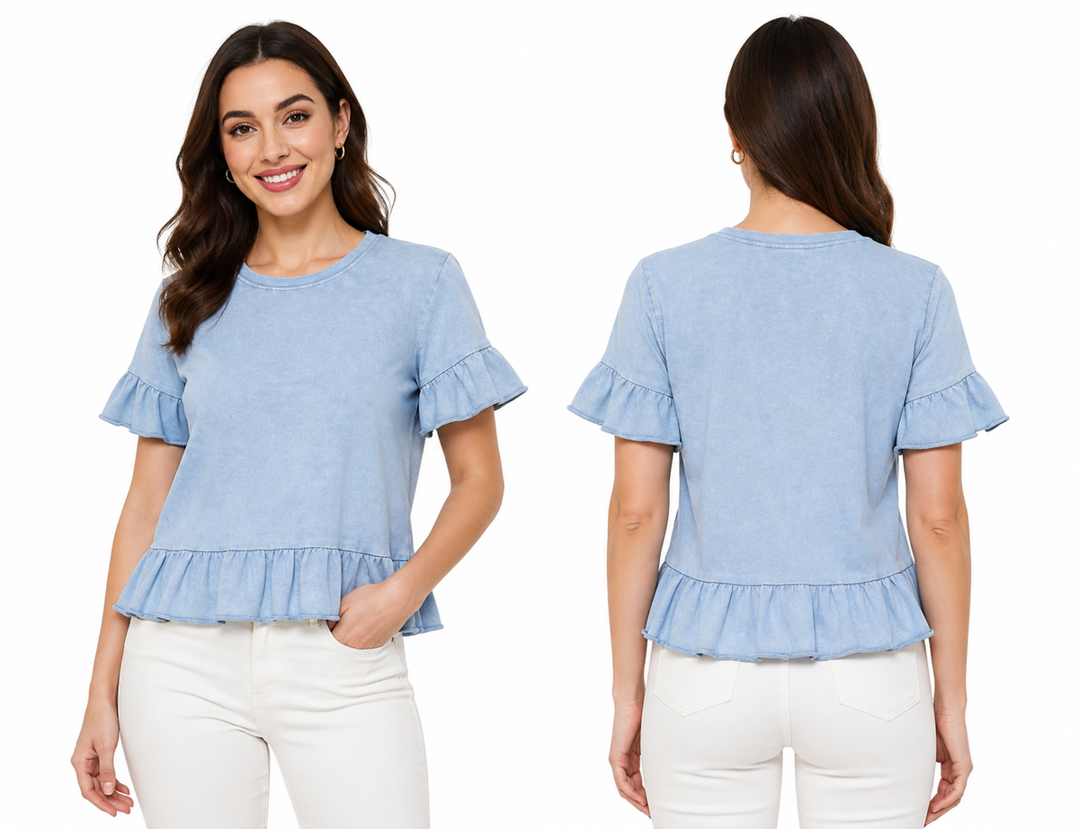 Girls Ruffle Hem Denim Top