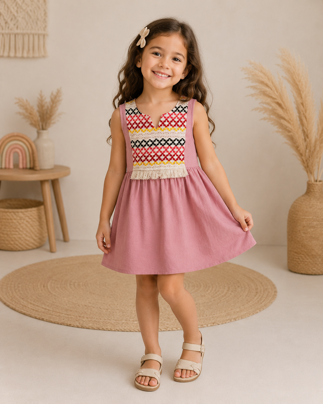 Kids Sleeveless Dress With Woven Front Panel