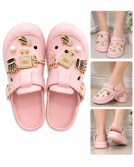Girls Pearl And Chain Charm Clog Sandals With Buckle Strap
