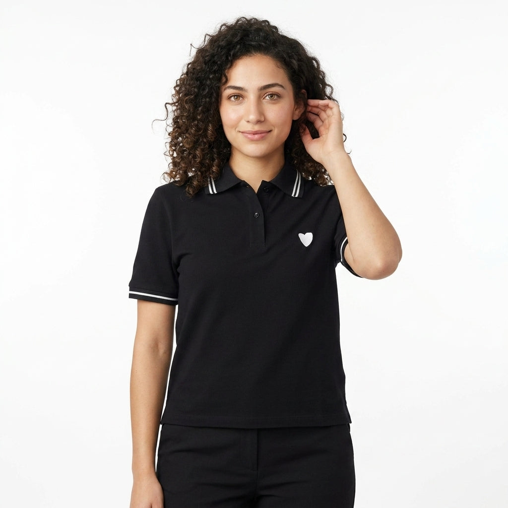 Casual Contrast Trim Short Sleeve Polo Top With Heart