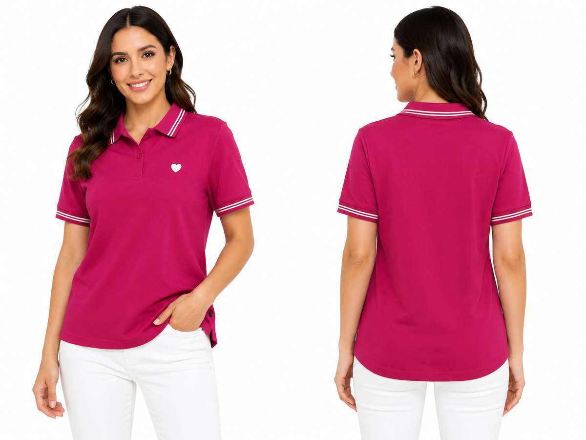 Casual Contrast Trim Short Sleeve Polo Top With Heart